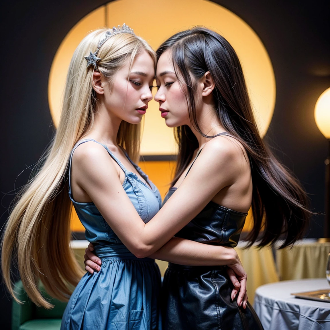 (Two Chinese stars of royal sister style,duo,caress,kiss), ((Highest quality, 8k, Tabletop: 1.3)), concentrate: 1.2, Perfect Body Beauty: 1.4 , (Interesting Expressions), (City of night: 1.3), Highly detailed face and skin texture, Beautiful Eyes, double eyelid, Skin whitening, (Air Van: 1.3), (Round your face: 1.5), (Thin strap top: 1.4),