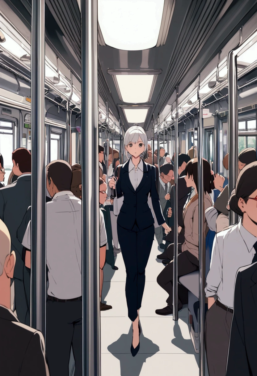 An office lady in a suit gets on a crowded train