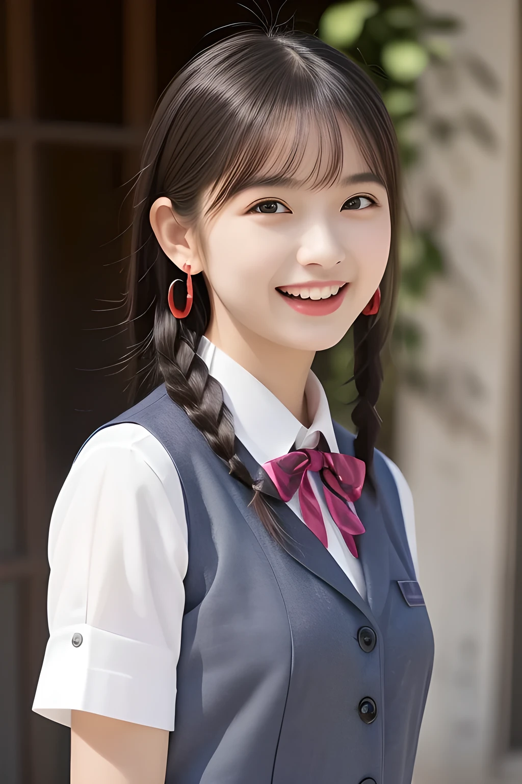 (highest quality, masterpiece, high resolution:1.2), 4K, (Photo quality detailed face: 1.2), (Giorgione painting style: 1.3), geometry, ( yo beautiful Japanese girl: 1.0), Laughing cutely, (neat girly white school blouse), (Dark red glossy school ribbon on the breast: 1.0), (Gray Japanese school girly vest Uniform: 1.2), (Beautiful light-amber-cute-girly clear eyes with detailed cutely: 1.2), (Long lower eyelashes: 1.0), (Expressing the greatest joy with her whole body: 1.5), (Glossy lips: 1.0), (braids under her ears: 1.0), (cute earrings), (Inviting me into the heaven: 1.0)