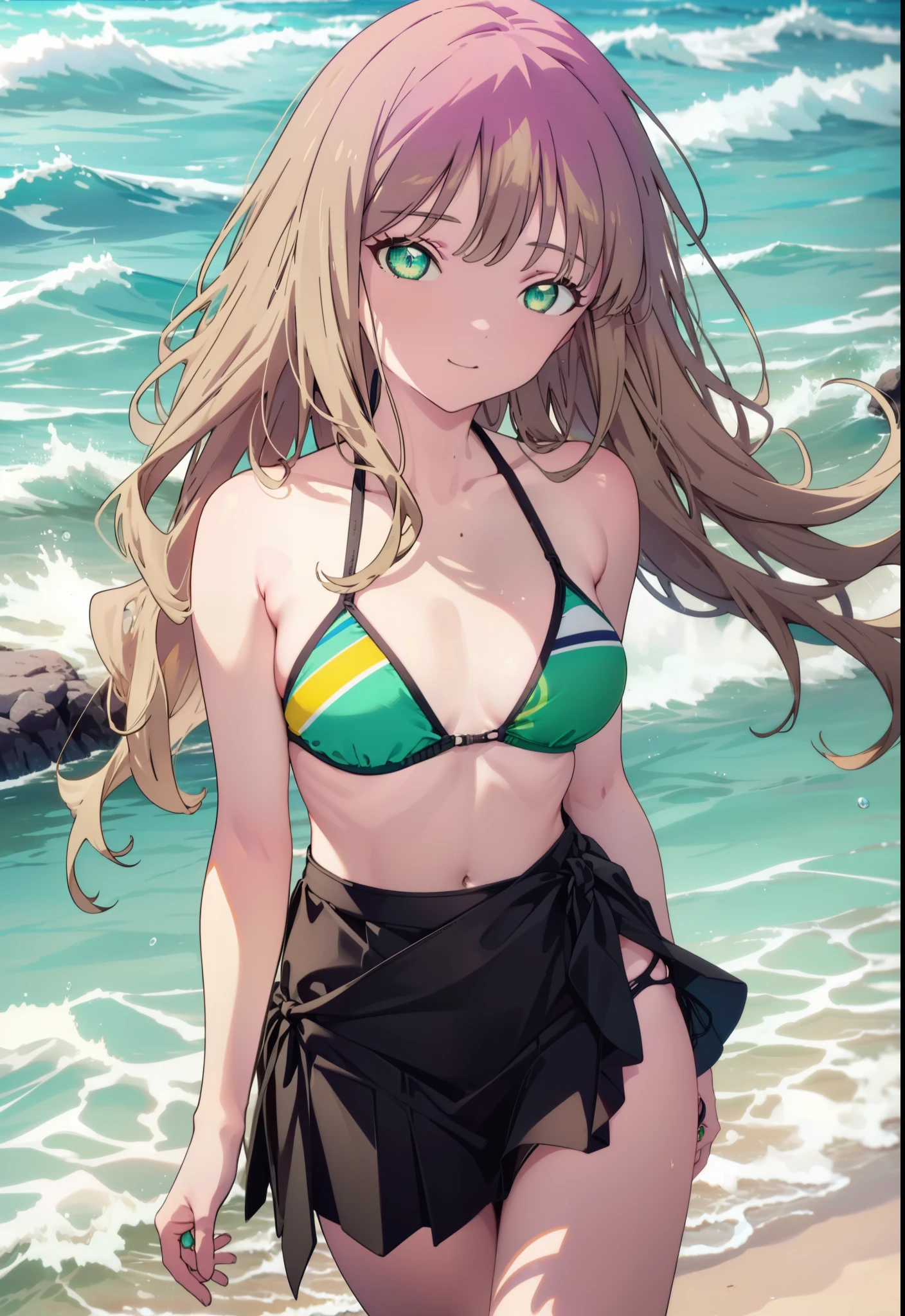 minami yume ,sss Dynazenon ,Long Hair, Brown Hair, (Green Eyes:1.5) ,smile,Open your mouth,Medium Breast,Flower Hair Ornaments,Black bikini string swimsuit,A thin long skirt is wrapped around her waist,barefoot,Daytime,Clear skies,Sandy Beachを散歩している,
break looking at viewer, whole body,(Cowboy Shot:1. 5),
break outdoors, Beach,Sandy Beach,
break (masterpiece:1.2), Highest quality, High resolution, unity 8k wallpaper, (shape:0.8), (Beautiful and beautiful eyes:1.6), Highly detailed face, Perfect lighting, Extremely detailed CG, (Perfect hands, Perfect Anatomy),