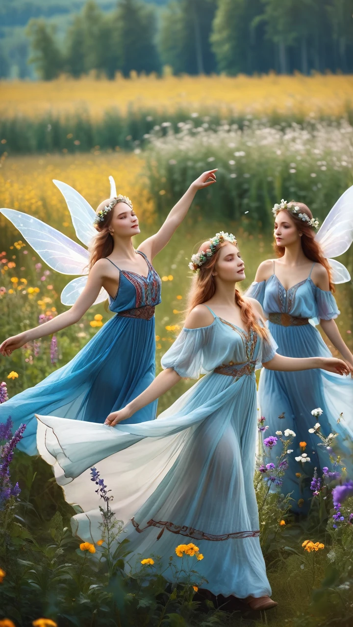 four slavic beautiful fairys in a long dresses dancing in a field with flowers, fairy wings, trending on cg society, fantasy art, a still of an ethereal, very magical
