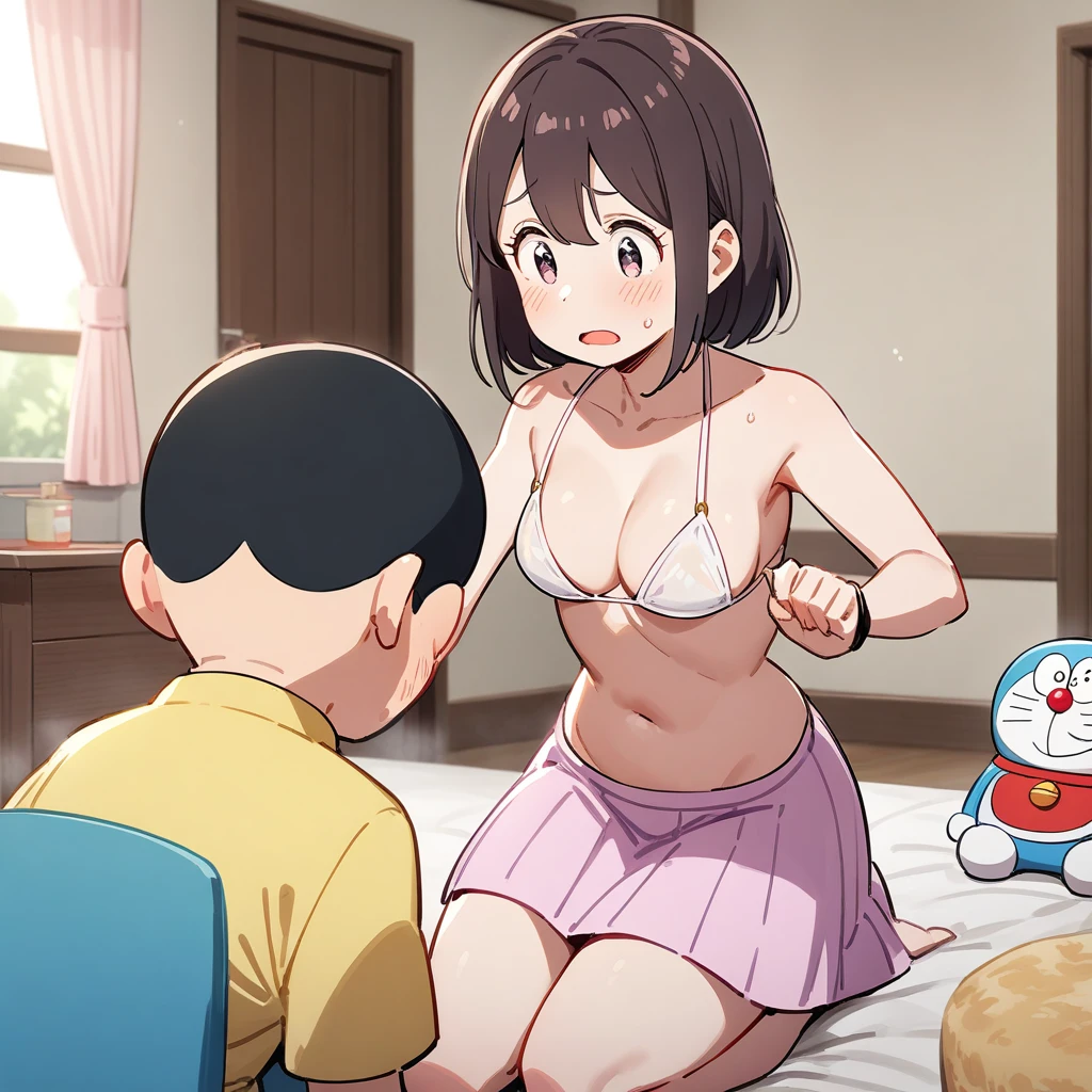 nsfw,in ghibli style,2girl is Mother and daughter,nude,black wavy hair and short hair,nipple,faint lip,sagging large breasts and small breasts,breasts aports,milf,slender body,skinny legs,gets creampie,(cum in pussy),sitting,be frightened,indoor,confinement,looking at viewer,pov,be raped,hugging