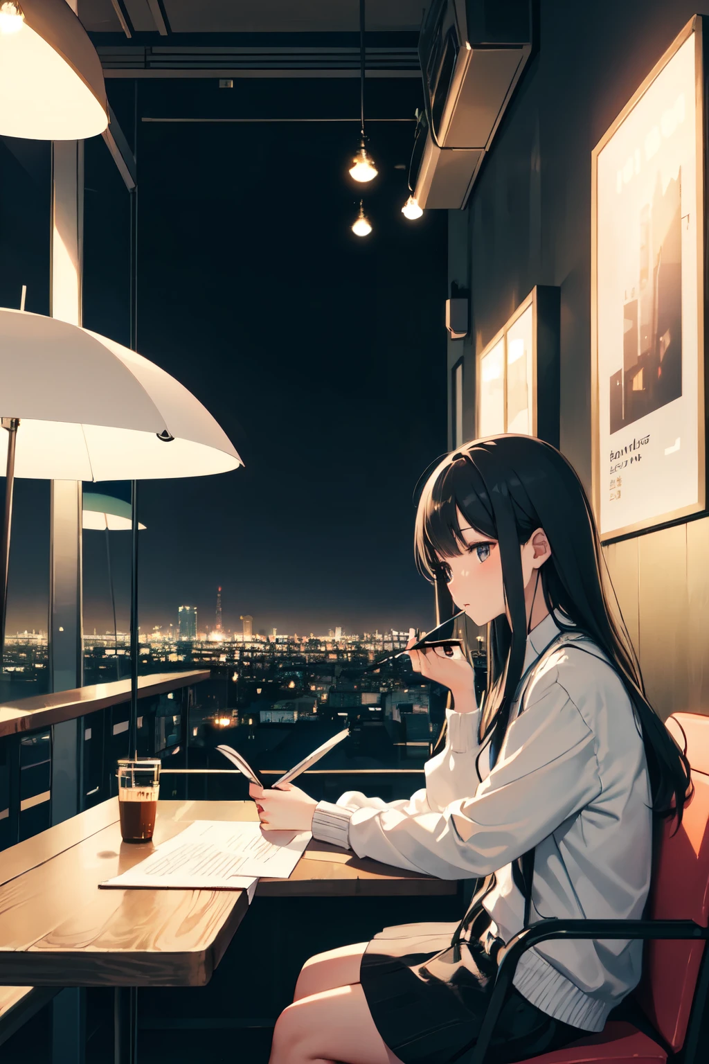 Illustration of a girl studying in an urban cafe in anime style。She sat in the window seat.、I am concentrating on reading a book while enjoying the scenery outside.。While concentrating on her expression、There is a sense of loneliness reflected。The interior of the cafe is cozy、There is a coffee cup and a book on the table.。Outside you can see the city lights and distant buildings.。This scene、It expresses the diverse emotions of city life and the tranquility at the same time.