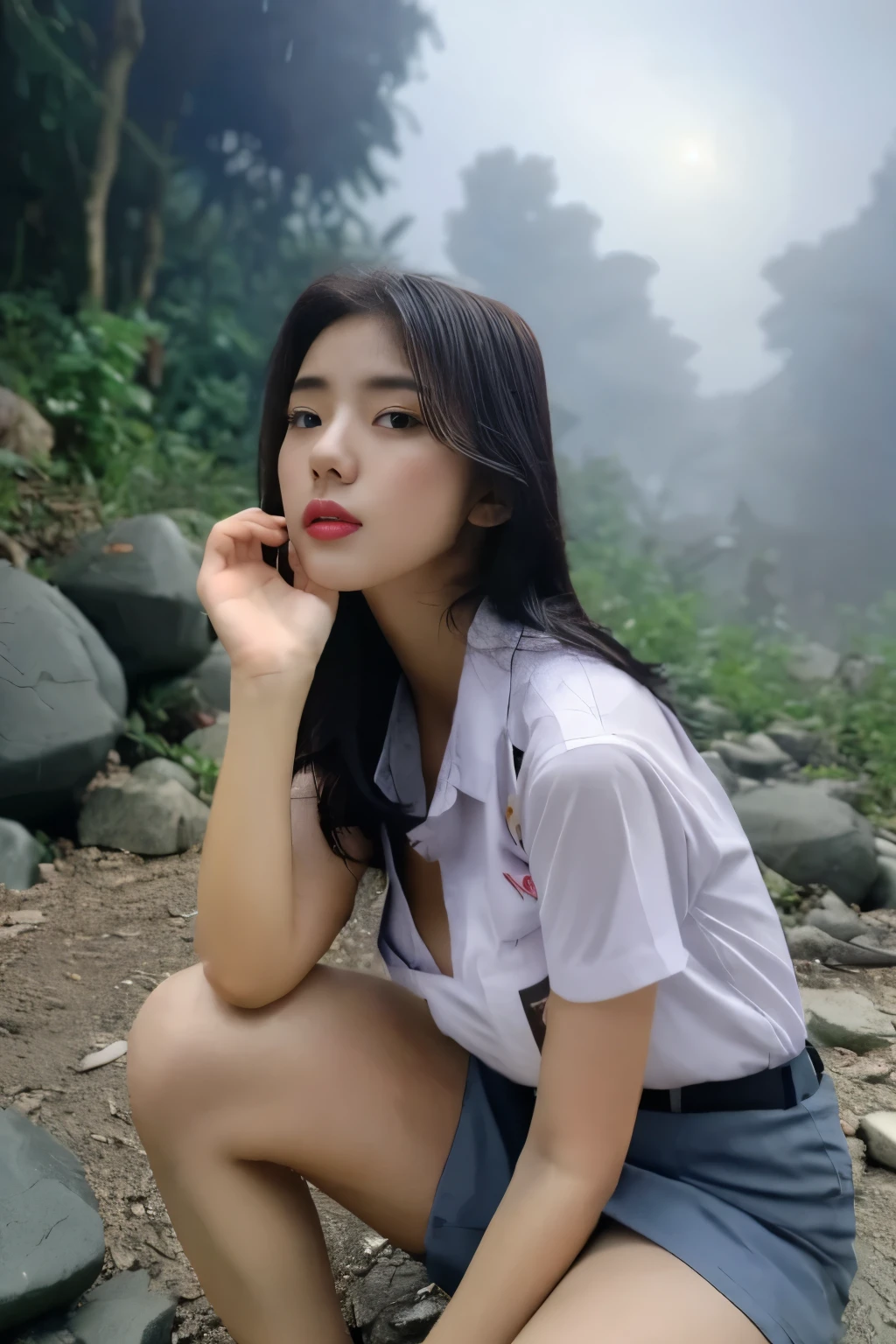 RAW, Best quality, high resolution, masterpiece: 1.3), Beautiful young java woman, seductive pose, sitting, open legs showing vagina, sensual body, big breasts, Best quality, high resolution, Masterpiece: 1.3, Masterpiece, naked, porn, ((At the rock river jungle)), night, fog, hiking clothes, pullover, orgasm, highres, 4k, HDR, 1girl, photorealistic, realistic, big breasts, ((whole body)) turning away facial at viewer, closeup, heavy mountains, misty, fog