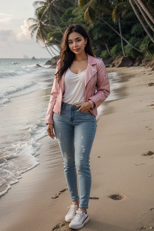 A 30-year-old Indonesia woman poses on the beach in a thigh-high pink jacket, wearing jeans, wearing shoes. Her face is very beautiful, her skin is flawless, and she has beautiful smooth facial features. His long, wavy hair is brown, his eyes are gray, and he has an overbite. This woman is wearing white gold earrings and smiling faintly with a feminine bohay body, standing tall facing the viewer ((full body))