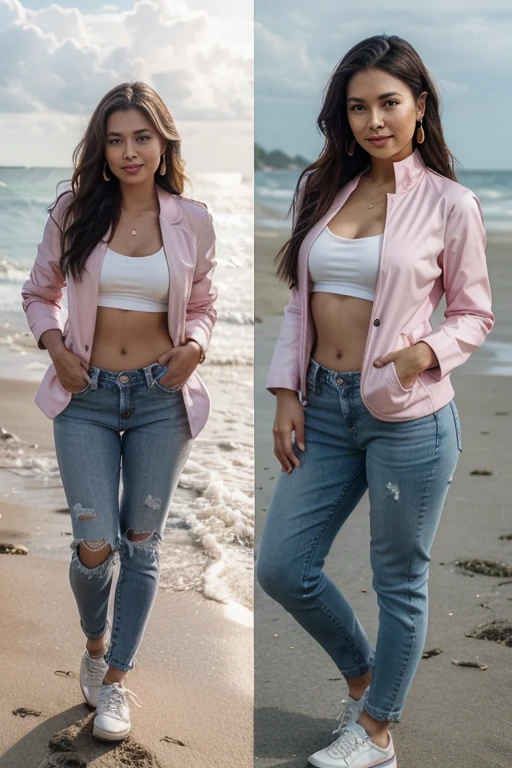 A 30-year-old Indonesia woman poses on the beach in a thigh-high pink jacket, wearing jeans, wearing shoes. Her face is very beautiful, her skin is flawless, and she has beautiful smooth facial features. His long, wavy hair is brown, his eyes are gray, and he has an overbite. This woman is wearing white gold earrings and smiling faintly with a feminine bohay body, standing tall facing the viewer ((full body))