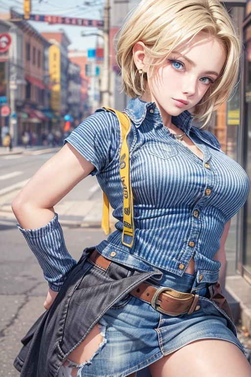 Best quality, A high resolution, and18, 1girl in, Android 18, Solo, Blonde hair, Blue eyes, Short hair, Earrings, jewelry, denim vest, Open vest, Black pantyhose, Black shirt, Denim skirt, Striped long sleeves, Blue skirt, Medium breasts, Cowboy shot, street, (Externally expanded Chest: 1.2)