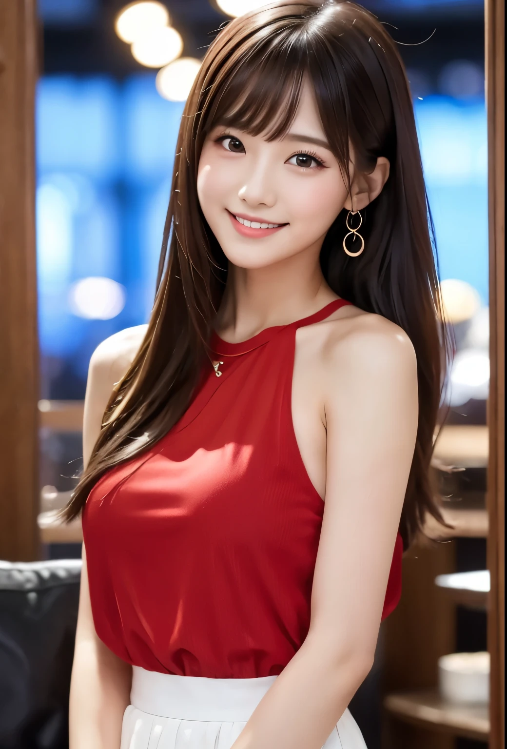 masterpiece、Highest quality、whole body、One Girl、bangs、Japanese、黒髪のLong Hair、Long Hair、Gazing at the audience、red、Tank top、sofa、smile、alone、Stylish woman、Pastel colored outfits、front、Luxury background elements、Confident expression、Modern and trendy、Fashion focused
