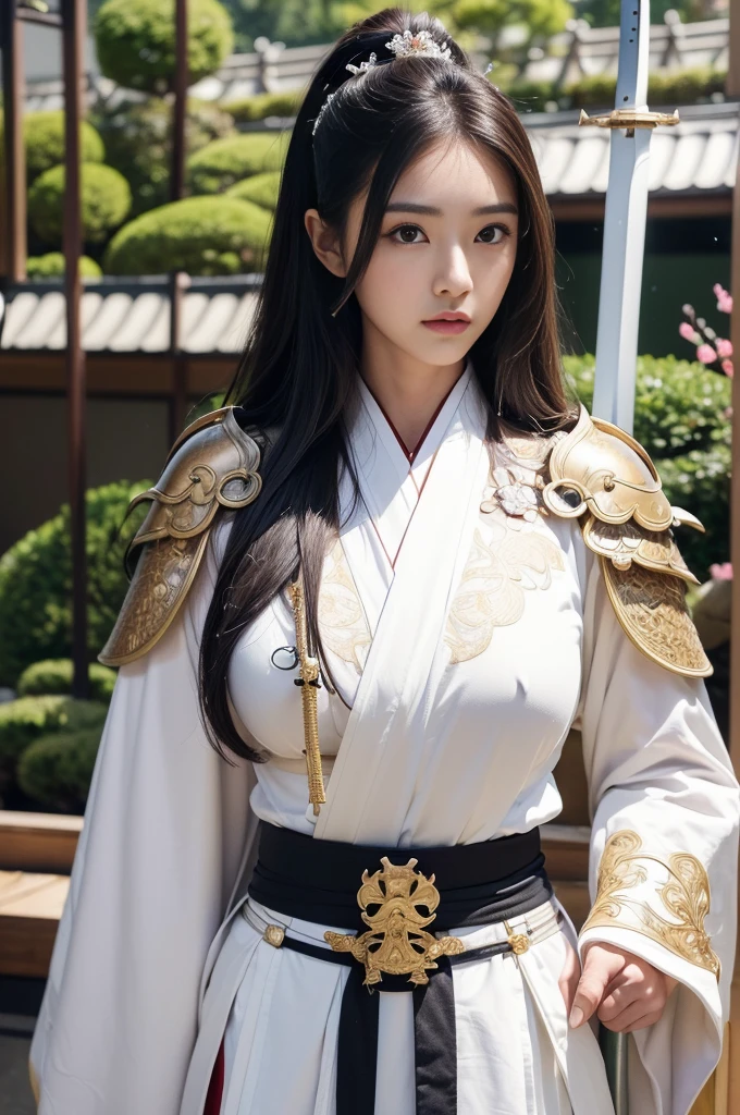 (((masterpiece))), ((Highest quality)), ((8k, Highest quality:1.2))、((masterpiece)), 美しいwoman, (Attractive Asian Model:1.0)、((8k, Highest quality:1.2))、、Voluminous lips、((Big Breasts))、((Huge breasts))、((Perfect Face))、((masterpiece)), 美しいwoman, (Attractive Asian Model:1.0)、((Intricately detailed)), perspective, Very detailed, figure, Perfect hands, Detailed fingers, Beautiful attention to detail, Oval face shape, ((woman)), woman戦士, Fantasy, Stern face,Black Hair, Big Breasts, (((Japanese white armor))), Iron-colored leg armor, , (((A sword hanging from his waist))), Japanese Sword、 (Japanese Kimono),(((Japanese Armor))),Combat Accessories、(((background:Japanese Gardens)))、