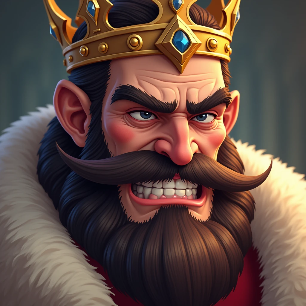 "A highly detailed close-up illustration of a king's face, with a thick, flowing beard and a jewel-encrusted crown. The king's lips are curled in a derisive grin, and his eyes are half-closed in a superior, mocking expression. The background is softly blurred, emphasizing the king's regal yet disdainful demeanor."