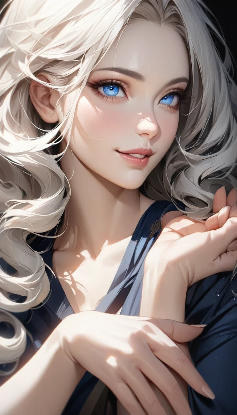 (masterpiece: 1.2), (best quality: 1.2) 1 female, Mature, High target (1.85), Looks about 30 years old, Has long white hair (platinum), Straight Hair,Curly hair, Sapphire blue eyes, Extremely detailed eyes, Perfect eyes, Extremely realistic eyes, Beautiful eye lines, Long eyelashes, Anime style, Perfect face, Mature face, Full lips, Smile, Mature, White skin, Natural body, Sexy body, Body , Perfect hands, Detailed hands, 双手与Body比例匀称, Realistic hands, Arms with good anatomy, She was wearing only a long-sleeved navy blue top in a European style, The shirt still can't cover her big breasts that are sagging because of their size, White skirt with side thigh slits, Thick thighs, Wide hips, High heel, Looking at the audience, A castle decorated with gold in the background, Gold coins on the floor, Treasures are scattered everywhere, Posing alone, Looking at the audience