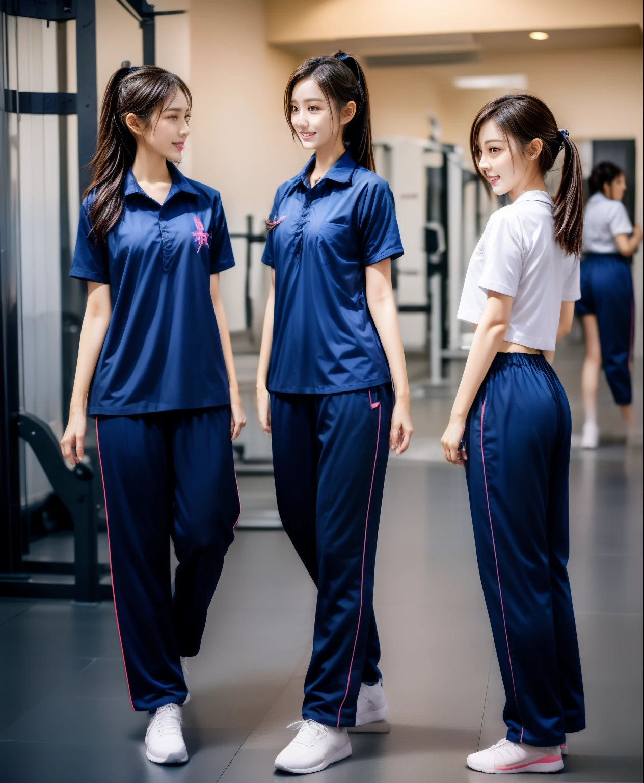 3 girls in fitness center, Navy blue short-sleeved shirt,Navy Long Trackpant,Sweatpants, Sweatpantsขายาว,25 year old girl, lesbian, sexy, exercise clothes, wet body, exercise clothes