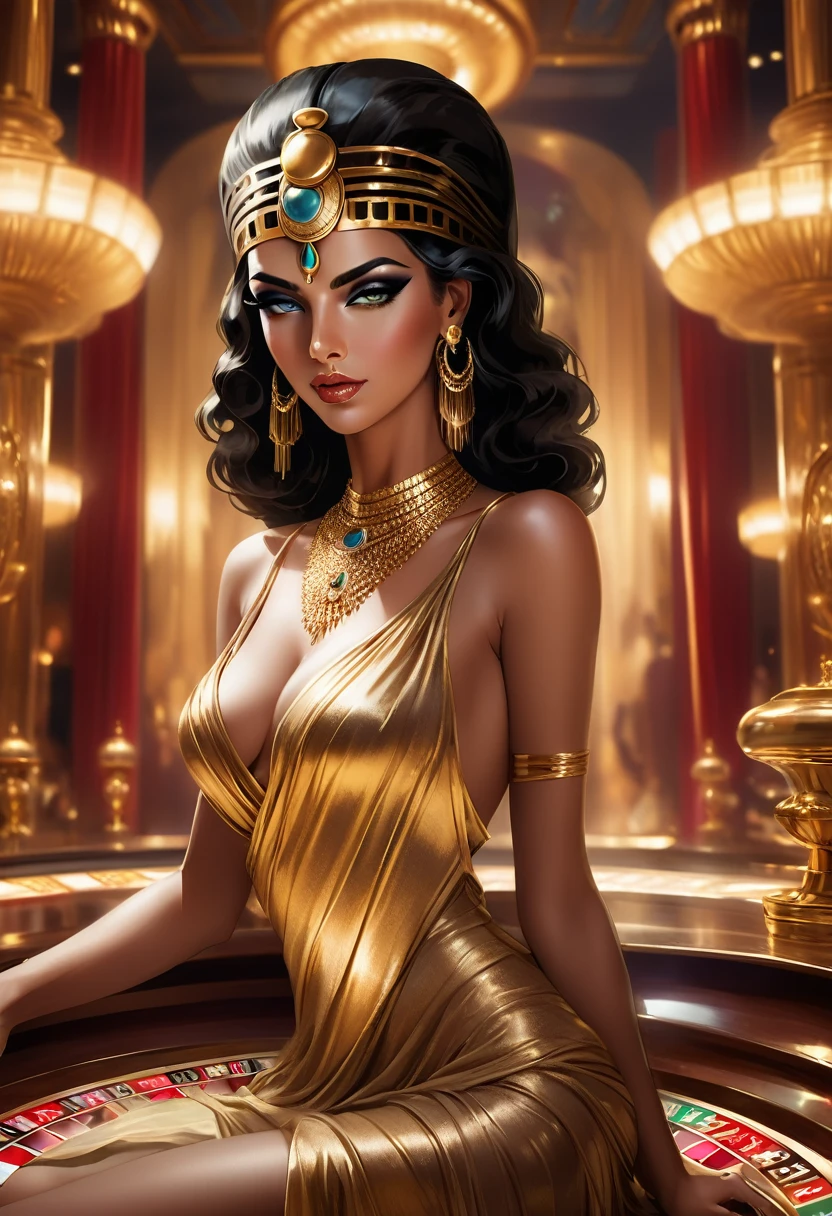 a very sexsual cleopatra playing in a lavish casino, opulent gold jewelry, dramatic eye makeup, sultry expression, elegant chiffon dress, dramatic lighting, rich color palette,concept art