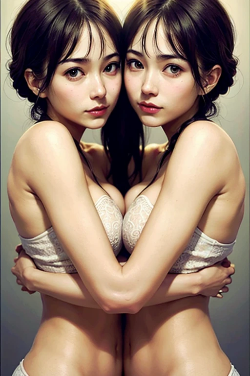 Identical twins with identical faces, arms around each other、Hugging