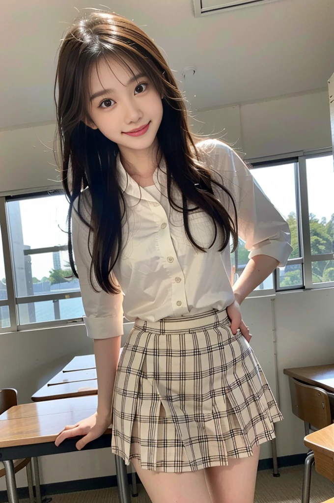 Smiling high school student, Thinner,  long hair and white skin, Wear a checked skirt, JK White Boat Socks, Little white shoes、White shirt、White shirtと紺色のネクタイ、School classroom、In the classroom、One girl, solo, One girl, Feet in frame, Are standing、Standing posture、Are standing、Character portrait, Character portrait, 