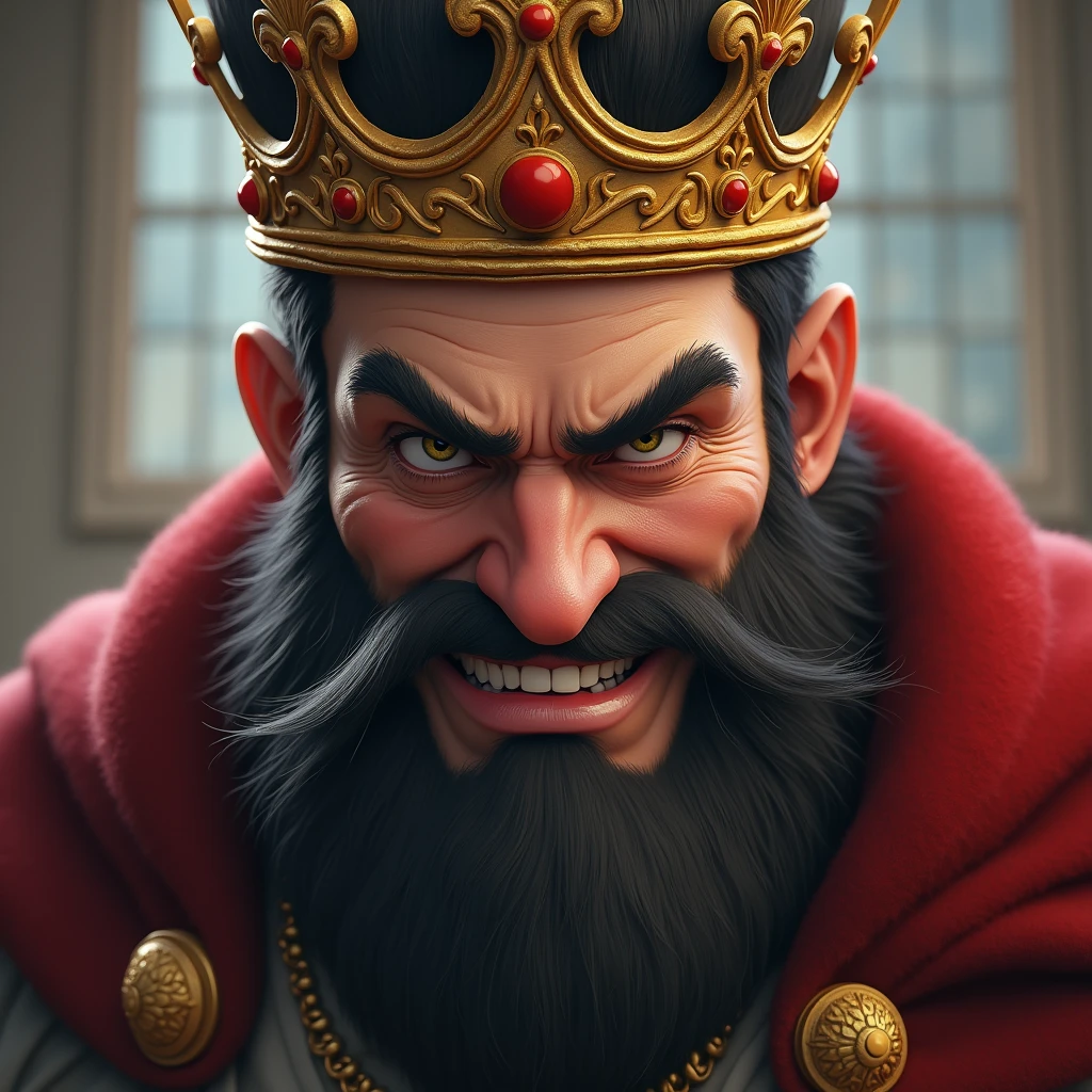 "Draw a lifelike, realistic close-up image of a king's face, with a full beard and a lavish crown. The king's eyes are half-lidded with a smirk of superiority, and his mouth is twisted in a mocking laugh. The background is a soft blur, highlighting the king's haughty and contemptuous expression."