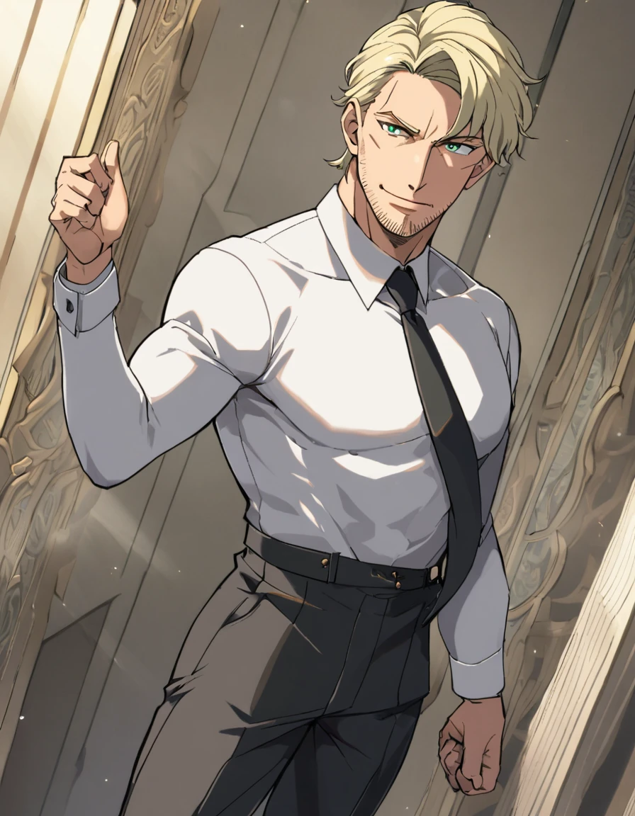 1man, veteran spy agent, handsome mature, business hair with asymmetrical bangs, stubble, green platina blond hair, emerald eyes, 45yo, charming caucasian, ordinary uncle, pentagon shaped, vigorous, friendry, BREAK ideal ratio body proportions, middle weight muscular, beautiful detailed eyes, dark iris, broad waist, ugly face, BREAK solo, businessman in black suit, black necktie, white shirt, softly smile, at wall street, detailed background, BREAK pin up focus, upperlegs, dandy posing, dramatic expression, 2000s, visual novel, in newest eroge style, dutch angle, flat shadows, natural lighting, texture, absurdres absolutely resolution, intricate, extreme all detailed, masterpiece, best quality
