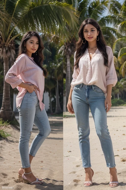 A 30-year-old Indonesia woman poses on the beach in a thigh-high pink linen blouse, wearing jeans, wearing shoes. Her face is very beautiful, her skin is flawless, and she has beautiful smooth facial features. His long, wavy hair is brown, his eyes are gray, and he has an overbite. This woman is wearing white gold earrings and smiling faintly with a feminine, standing tall facing the viewer ((full body))
