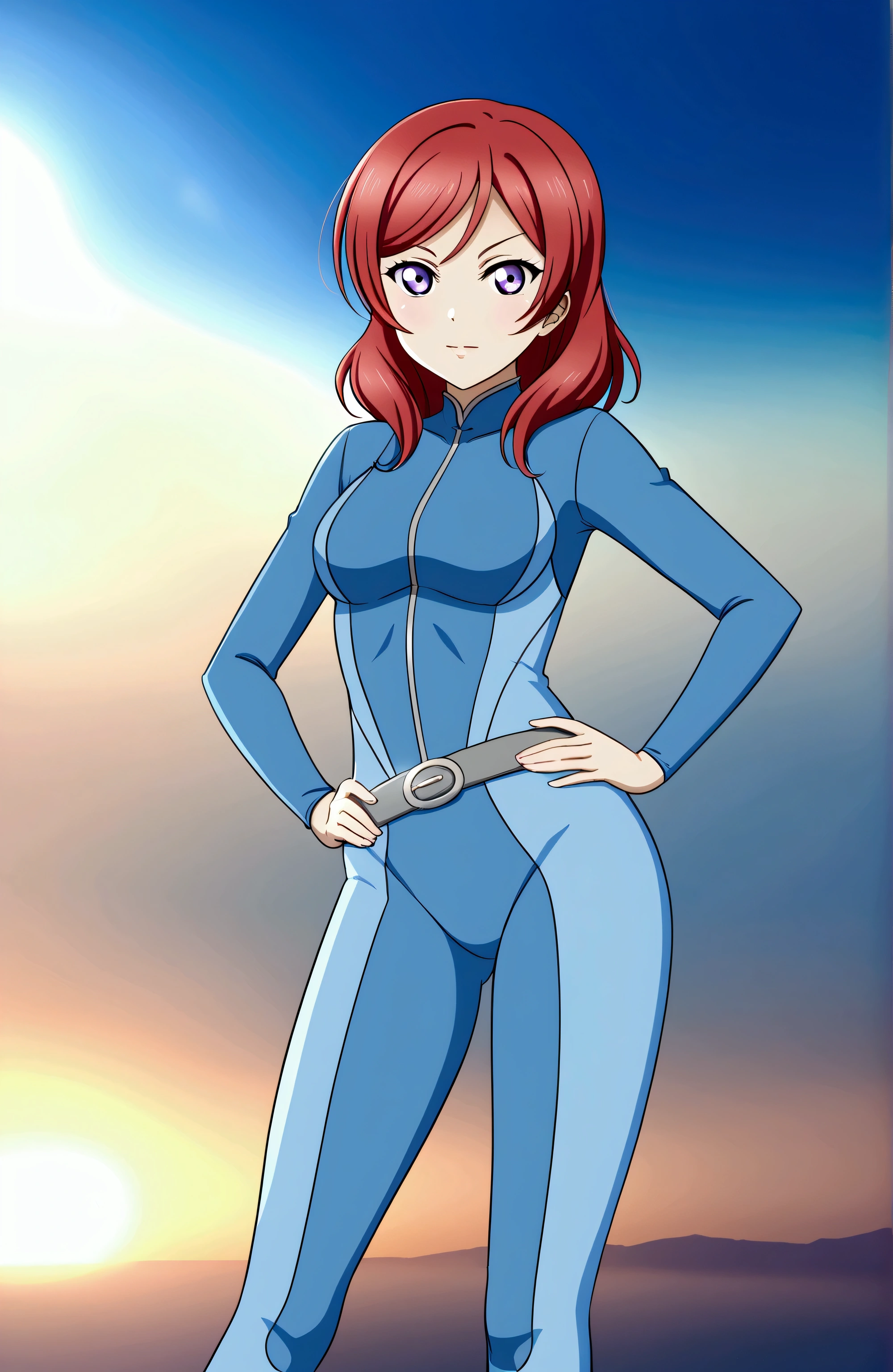 (Masterpiece, Best Quality, High Quality), cowboy shot Nishikino maki love live, Red hair, purple eyes, blue bodysuit,dark sky,hand on hip ,gray belt 