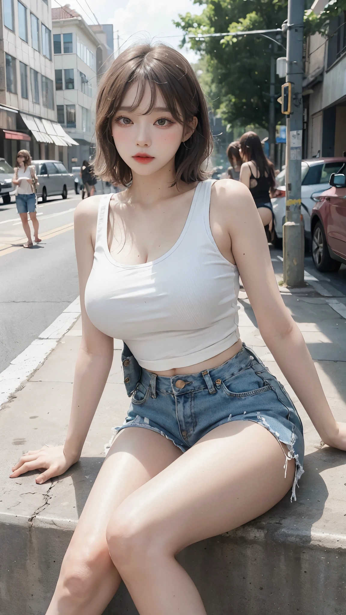 Best image quality、RAW Photos、Ultra-high resolution、18 year old Korean、Glasses beauty、Huge boobs:1.5、Cleavage:1.5、Healthy Skin、Glowing White Skin、(Short Bob Hair)、((light brown silver hair))、Beautiful eyes with random colors、Very thin lips、Beautifully drawn eyes in every detail、Long, narrow eyes、Pale pink blush、Long eyelashes、Beautiful double eyelids、eye shadow、Earrings、(Stylish glasses、White tight tank top、Denim shorts、Beautiful feet、Attractive thighs)、Street Snap、Moderate thickness、A shot that highlights the legs