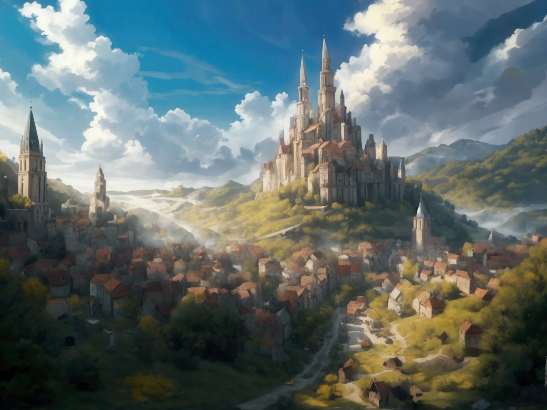 City Vision,Magnificent and luxurious Western fantasy,The city is surrounded by forests,The time is daylight,Medieval European city,Very beautiful city