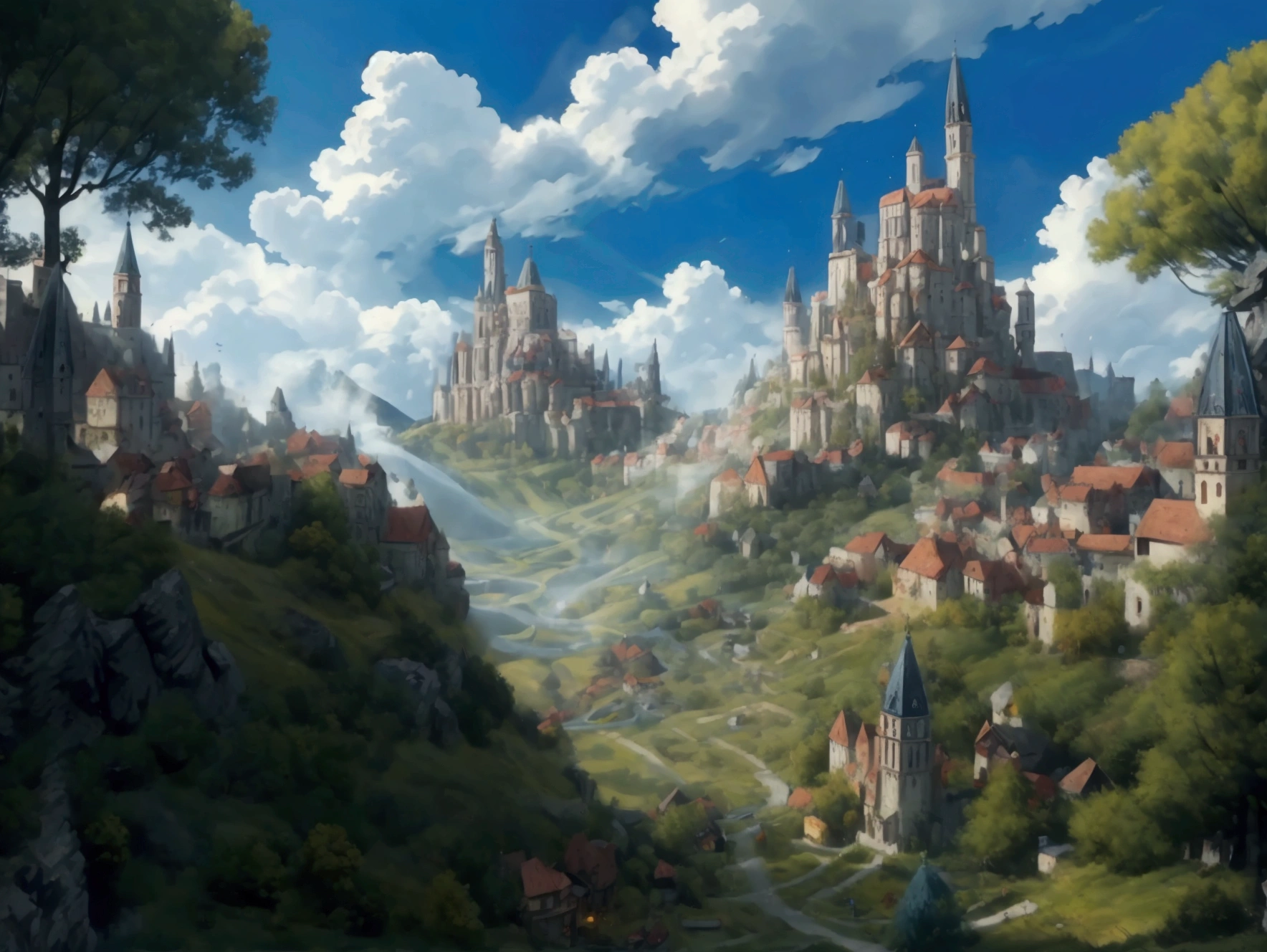 City Vision,Magnificent and luxurious Western fantasy,The city is surrounded by forests,The time is daylight,Medieval European city,Very beautiful city