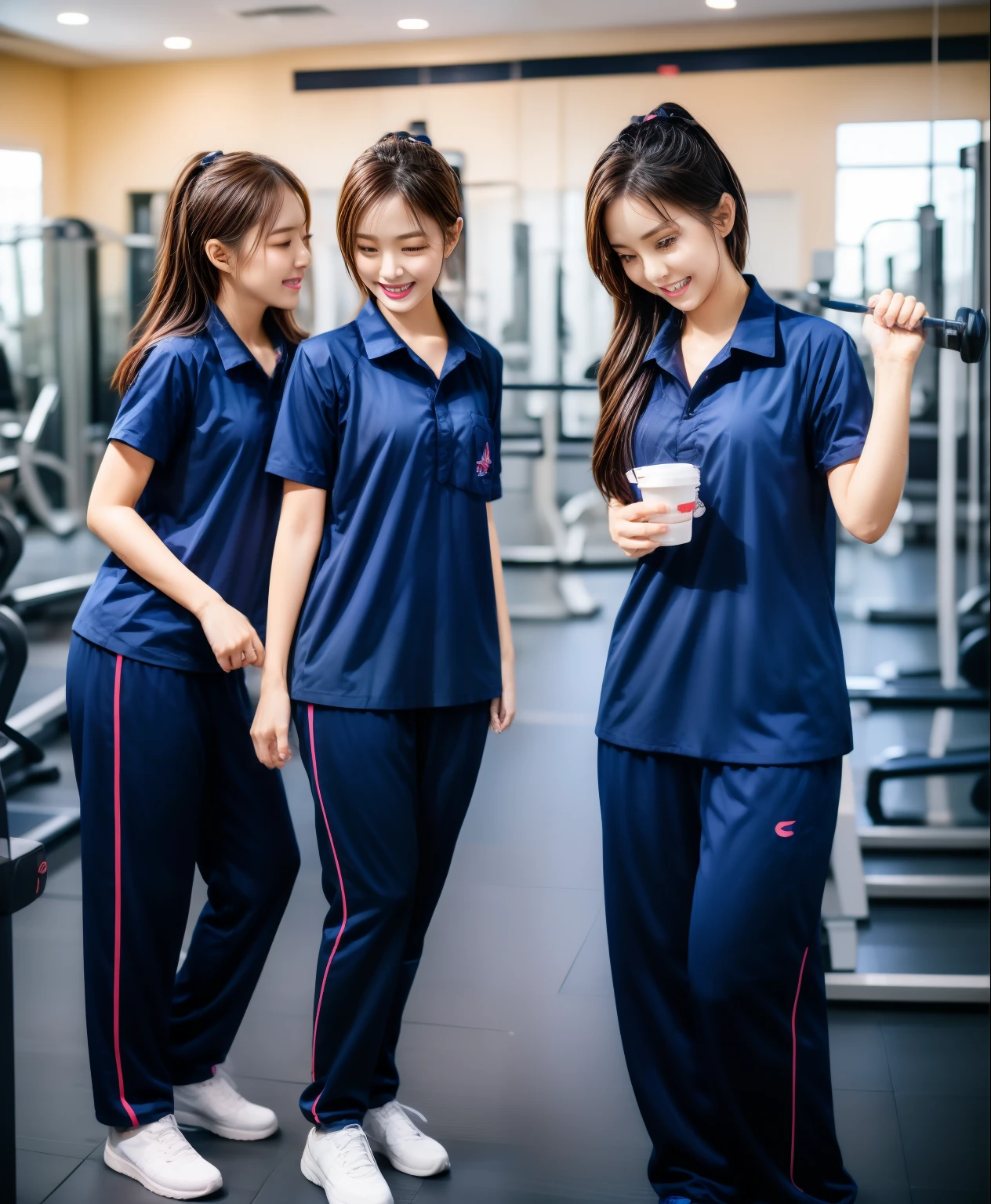 3 girls in fitness center, Navy blue short-sleeved shirt,Navy Long Trackpant,Sweatpants, Sweatpantsขายาว,25 year old girl, lesbian, sexy, exercise clothes, wet body, exercise clothes