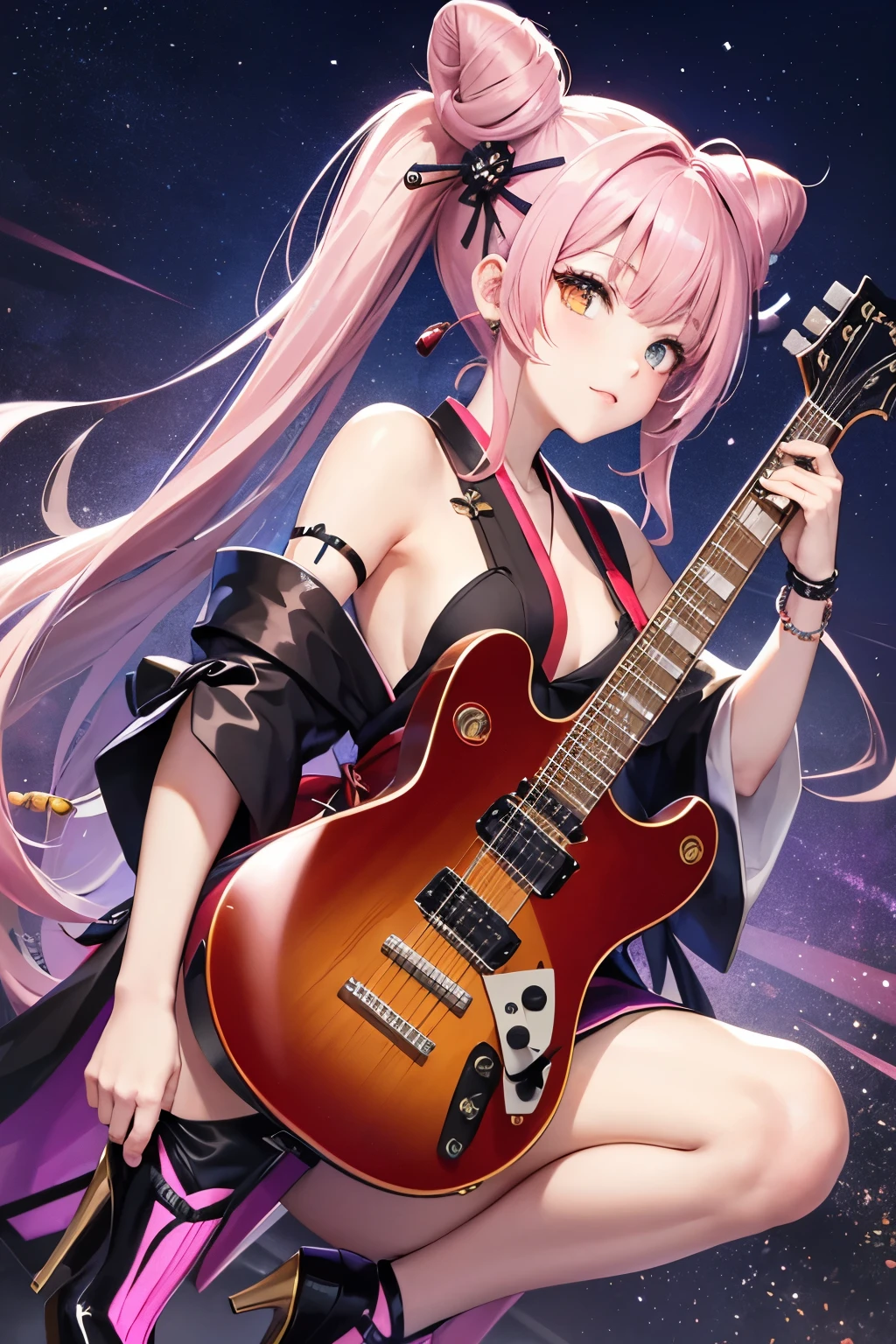 Twin-tailed bun hair, flashy haori and hakama, high heels, heavy metal, electric guitar, stage