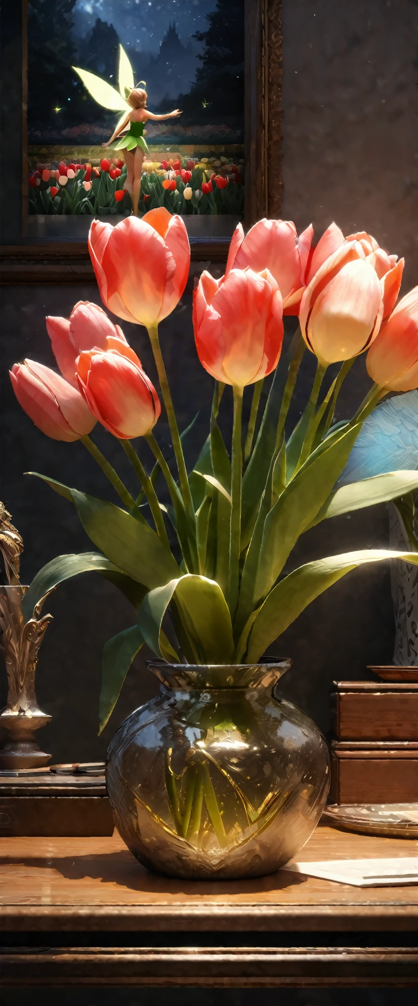 (8k, Highest quality, masterpiece: 1.2), (Realistic: 1.37), Very detailed, Close-up, (Tinkerbell and Tulips:1.2), vase１Tulip flowers on a desk, , , Small faint lights, flying fairies, night, , Intricate details, Splash screen, 