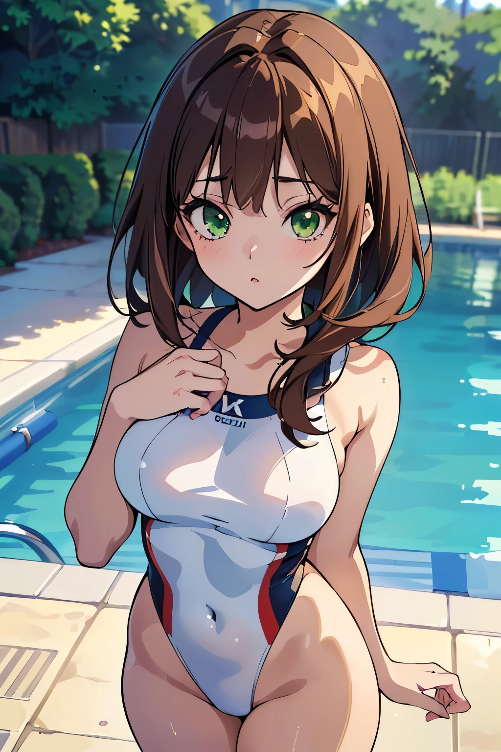 ((masterpiece, Highest quality, High resolution, 超High resolution, Pixel perfect, Written boundary depth, 4K, RTTX 10.0, High resolution))), 1 girl, single, alone, Beautiful Anime Girls, Beautiful art style, Anime characters, ((Shortcuts, bangs, Dark brown hair)), ((Green Eyes:1.4, Round eyes, Beautiful eyelashes, current eyes)), ((Smooth texture:0.75, Anime CG style)), ((Dynamic Angle, close)), Perfect body, (pretty girl), Normal chest, whole body, ((4K, 8k, Highest quality, Perfect Fingers: 1.3, Perfect Anatomy: 1.3, Background Blur)), (White one piece swimsuit), whole bodyアングル, Poolside