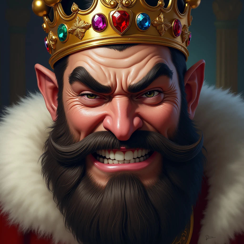 "A detailed and lifelike close-up drawing of a king's face, with a bushy beard and a jewel-encrusted crown. The king's eyes are half-closed in mockery, and his mouth is curved in a derisive smile. The background is blurred to emphasize the king's facial expression of arrogance."