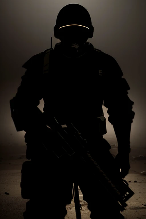 man in special forces gear, face covered by tactical helmet, holding assault rifle, post-apocalyptic wasteland background, realistic, highly detailed, cinematic lighting, dramatic composition, gritty, muted color palette, moody atmosphere, anime visualisation