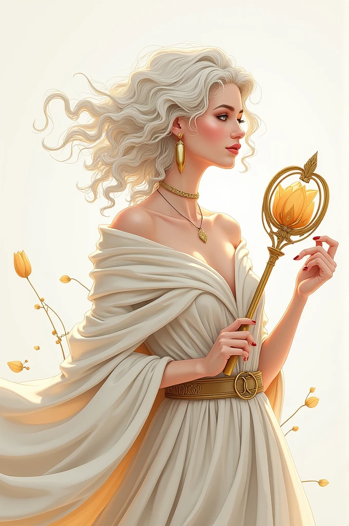 girl ,White curly hair,shawl,clavicle,Perfect body, Abstract Line Art,earrings,choker,belt,Fashion concept illustration, Fashion poster,Simple background,Golden Scepter,Abstract Art,Tulip background,