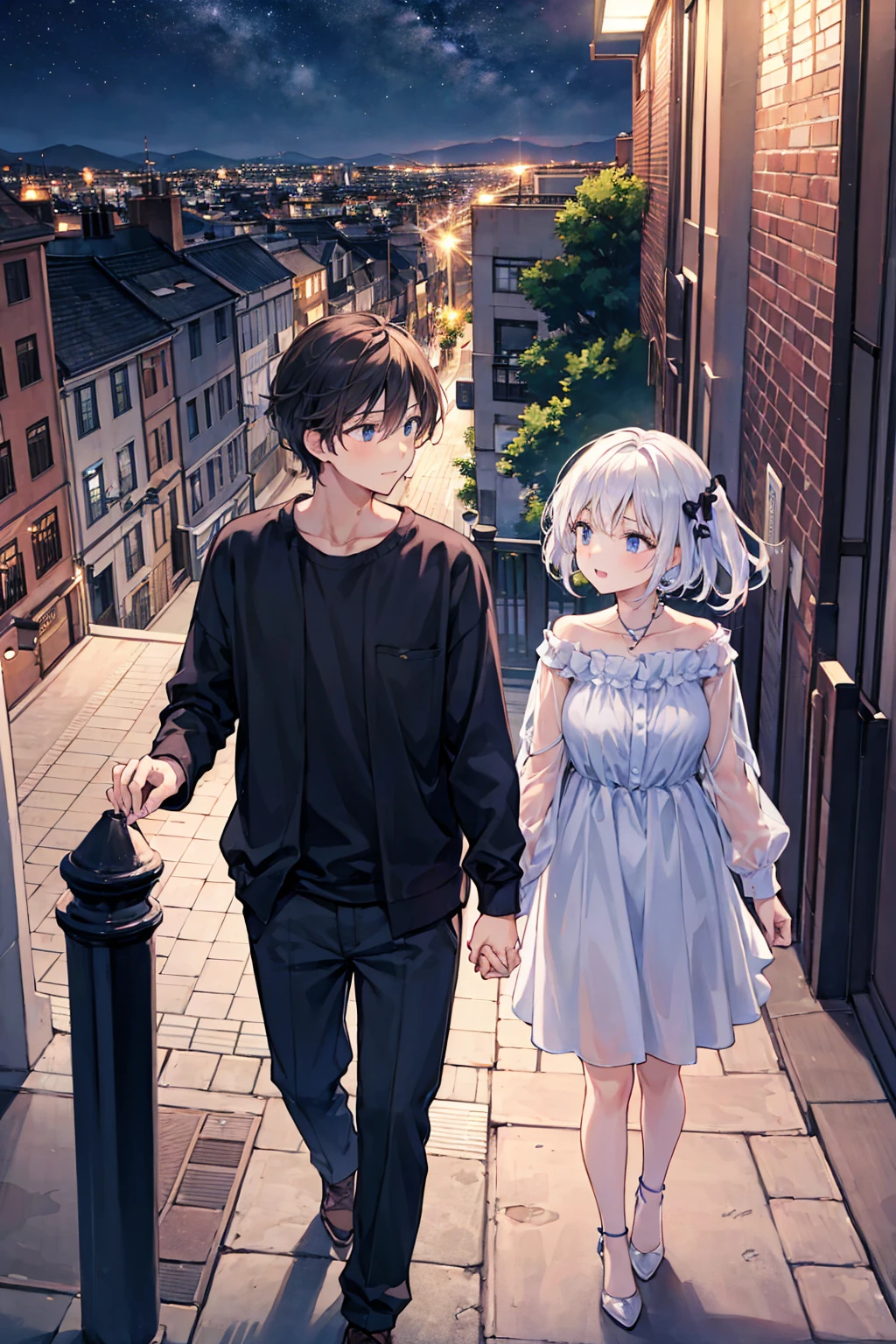 love２people、Couple、men and women，Cityscape，Night view，Rooftop，Holding hands