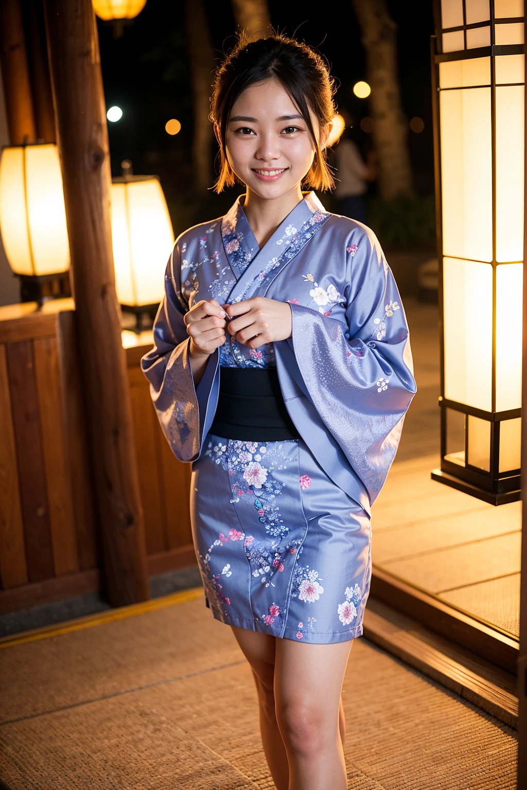 Top quality, A beautiful young woman with very short hair, wearing an elegant yukata adorned with delicate floral patterns. She stands gracefully under a lantern-lit path at a traditional Japanese festival. The soft glow of the lanterns highlights her serene smile and the intricate details of her yukata, creating a captivating and enchanting atmosphere, show under wear