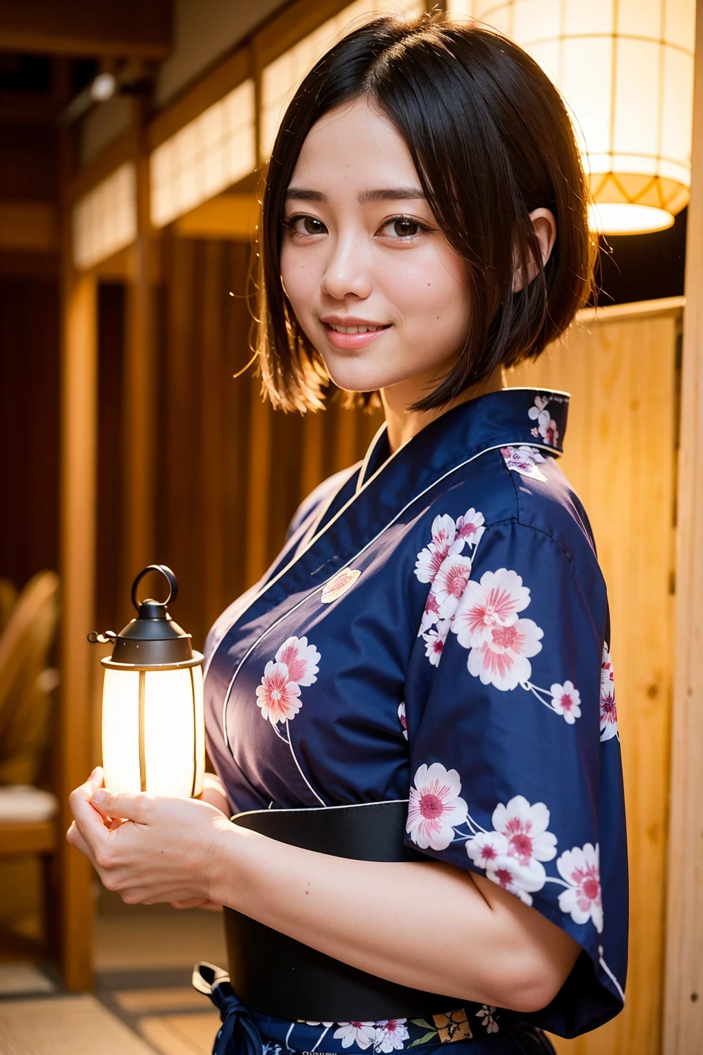 Top quality, A beautiful young woman with very short hair, wearing an elegant yukata adorned with delicate floral patterns. She stands gracefully under a lantern-lit path at a traditional Japanese festival. The soft glow of the lanterns highlights her serene smile and the intricate details of her yukata, creating a captivating and enchanting atmosphere, show under wear