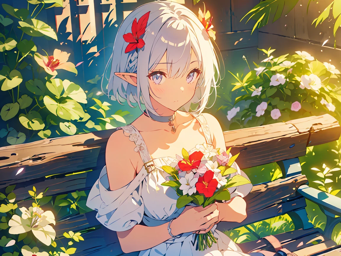 silver hair, short hair, hair bow, pointy ears, bright pupils, sparkle, masterpiece, textured skin, super detail, high details, best quality, high quality, highres, elf, beautiful lady, Choker, sleeveless T-shirt, shorts, surrounded by flowers, background (roses, hibiscus, lilies, Adiantum, violets), Casual clothes, bracelets, holding a bouquet in her hands, embracing a bouquet, at garden, Sit on a bench