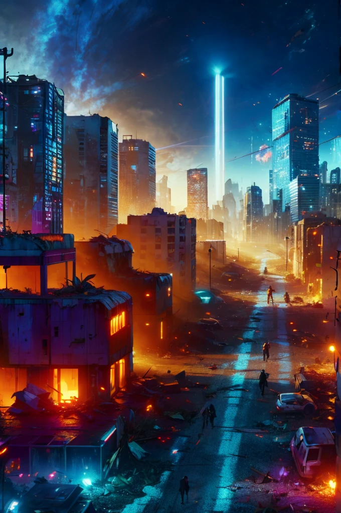 a city devastated by a zombie apocalypse. Skyscrapers in ruins, deserted streets, and nature reclaiming its space with plants growing among the debris. Decayed zombies endlessly roam the avenues and alleys, while small groups of survivors fight for scarce resources, using makeshift shelters in old buildings and barricades made from abandoned cars to protect themselves. The atmosphere is dense and silent, interrupted only by the groans of the undead and sounds of destruction. Render this in 8k, anime style, with vivid details and dramatic scenes. 4k