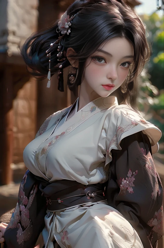 (((masterpiece))), ((Highest quality)), ((8k, Highest quality:1.2))、((masterpiece)), 美しいwoman, (Attractive Asian Model:1.0)、((8k, Highest quality:1.2))、、Voluminous lips、((Big Breasts))、((Huge breasts))、((Perfect Face))、((masterpiece)), 美しいwoman, (Attractive Asian Model:1.0)、((Intricately detailed)), perspective, Very detailed, figure, Perfect hands, Detailed fingers, Beautiful attention to detail, Oval face shape, ((woman)), woman戦士, Fantasy, Stern face,Black Hair, Big Breasts, (((Japanese white armor))), Iron-colored leg armor, , A sword hanging from his waist, Medieval castle scene、 (Japanese Kimono),(Japanese Armor),Combat Accessories、(((background：Japanese Gardens)))、