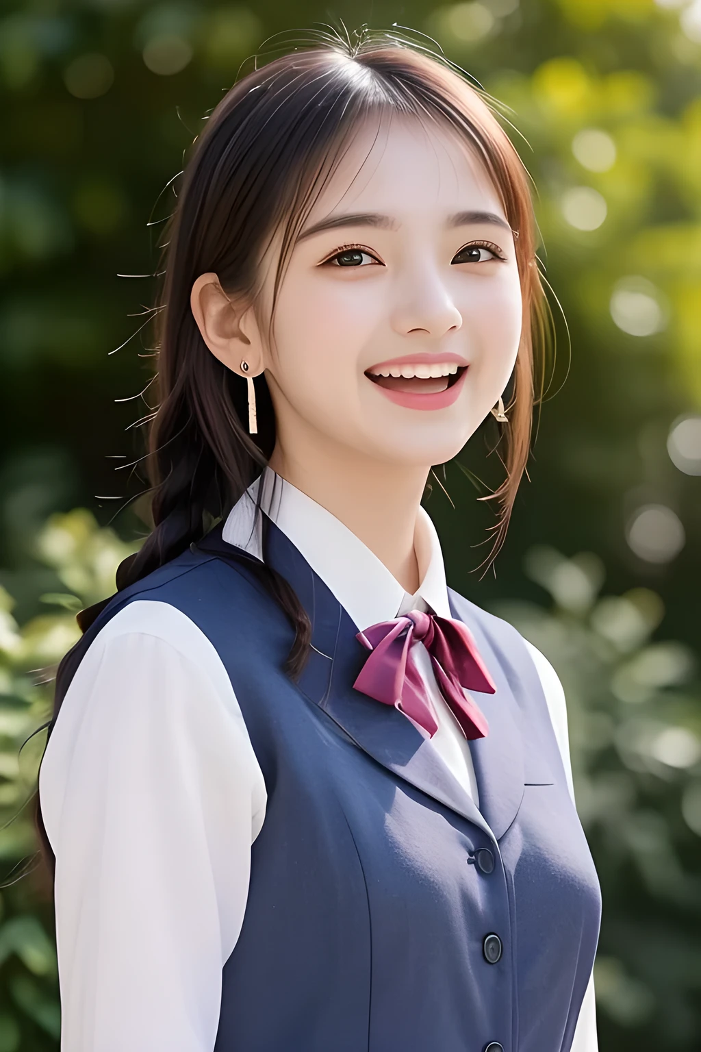 (highest quality, masterpiece, high resolution:1.2), 4K, (Photo quality detailed face: 1.2), (Giorgione painting style: 1.3), geometry, (14 yo beautiful Japanese girl: 1.0), Laughing cutely, (neat girly white school blouse), (Dark red glossy school ribbon on the breast: 1.0), (Gray Japanese school girly vest Uniform: 1.2), (Beautiful light-amber-cute-girly clear eyes with detailed cutely: 1.2), (Long lower eyelashes: 1.0), (Expressing the greatest joy with her whole body: 1.5), (Glossy lips: 1.0), (braids under her ears: 1.0), (cute earrings), (Inviting me into the heaven: 1.0)