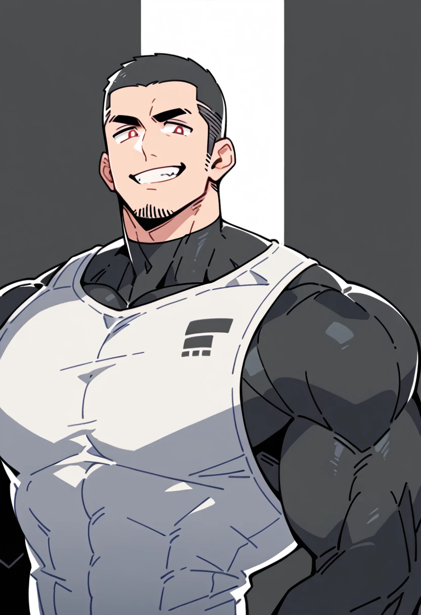 anime characters:Priapus, Black Black Skin Muscle Sports Student, Manliness, Buzz Cut,male focus, Sports tight hooded sweatshirt, Wear a high-necked tights underneath, Very tight, Huge pectoral muscles, muscular male, muscular, only, Upper body, alone, Red short hair, Thick eyebrows, Stubble, Brown-red pupils, White background, Solid color background, Clean background, simple background, amazing quality, best aesthetics, Ridiculous, crew cut, smirk, bright pupils, grin, negative space, negative space, best quality