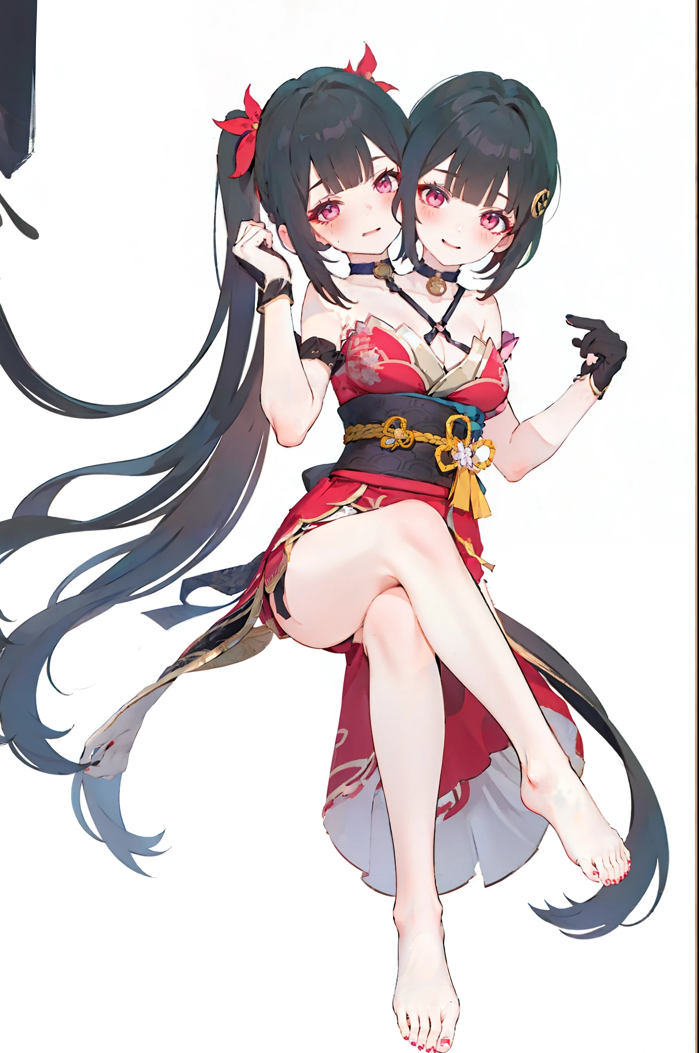 (2 heads:1.3), 1 girl, Sparks \(Honkai: Star Rail\), Twintail, hair accessories, alone, Off shoulder kimono, black nails, Mask on the head, arms separated, choker, heart, Single gloves, Wristband, Cross Halter, thigh strap, Blush, sit, from below, Focus on feet, Cross your legs., cross your legs, look at viewer, Barefoot, suffocate, ecstasy, smileที่เย้ายวนใจ, bedroom, Masterpiece, illustration, beautiful, 4K, 8ก,DSLR Photos, (8ก, 4K, Masterpiece),(Masterpiece, best quality), best resolution, (3 heads:1.5),Arms separated,arm circle, (Put your hands on your head...), (lower hand on ankle), (lower hand on leg), Full content in the frame, full body view, (four arms),(Multi-arm),(many hands), รูปร่างเพรียวบาง Masterpiece,best quality,best resolution,1 woman,many heads, upper body, smile, Facing the audience,big breasts,simple background,หน้าbeautiful,ผมbeautiful,ดวงตาbeautiful,ร่างกายที่beautifulงาม,มือbeautiful,conjoined twins