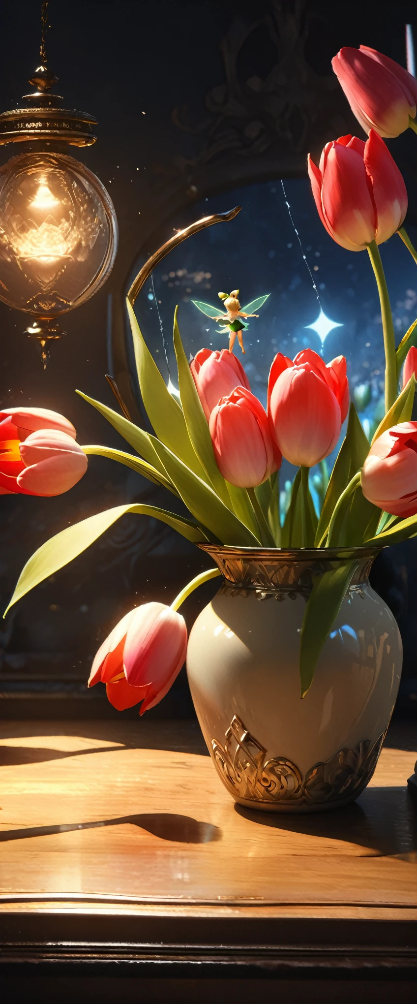 (8k, Highest quality, masterpiece: 1.2), (Realistic: 1.37), Very detailed, Close-up, (Tinkerbell and Tulips:1.2), vase１Tulip flowers on a desk, , , Small faint lights, flying fairies, night, , Intricate details, Splash screen, 