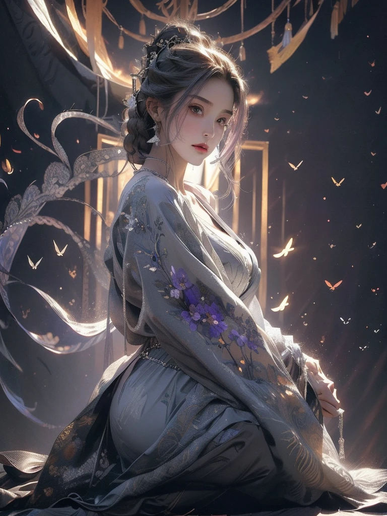 Hyper detailed, High quality, ultra detailed, Masterpiece, Best Quality, Super Detail, Very Delicate and Beautiful, A Woman, mature face, older woman, solo, voluptuous body, Violet hair, Very long hair, solo, 1woman, long hair, solo, silver eyes, Big breasts, cleavage,violet hair that reached her shoulders which was braided, eyes was silver in color as if glowing,two hands, two legs, kneeling, seductive face, perfect body, spread her legs.