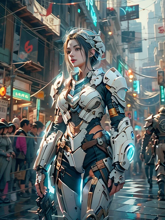 High quality, high resolution, best composition, one beautiful woman, young woman, very delicate and beautiful, CG , beautiful detailed girl, light on face, mechanical, armor, white mechanical body, black hair, spaceship, city, cyberpunk.