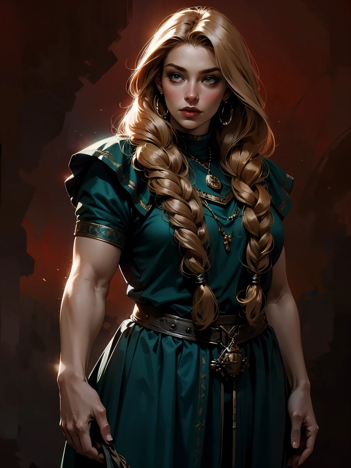 beautiful ginger ((dwarven woman)) in her 30s, with green eyes and striking features, exuding maturity and allure in a seductive pose.(dark-red background),(dwarf) female ,curvy, thick, chubby, short , small, beauty, ginger braided hair, an14