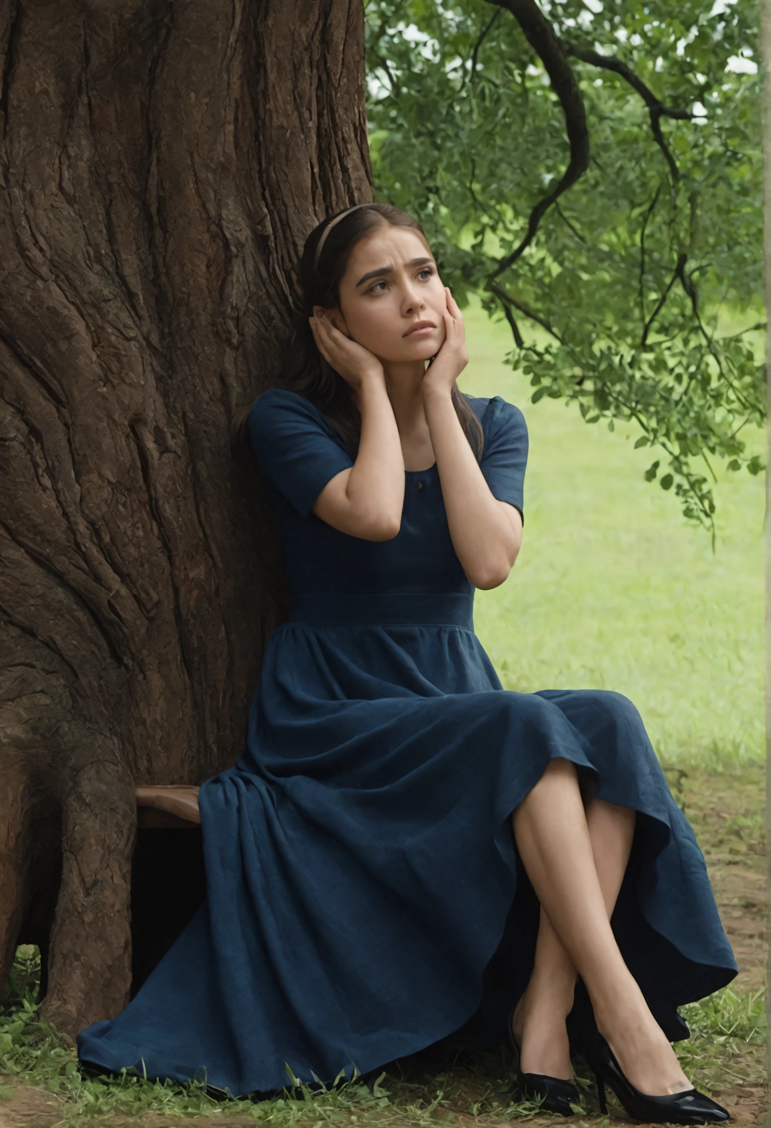 - A girl sits on a wooden chair next to a large, old tree with wide branches and lush leaves.
- The girl is wearing a long, dark blue dress.
- Her sad and anxious expression is visible from the side, with one hand holding a high heel and the other hand resting on her forehead.
- The sky appears somewhat dark with rain falling slowly, creating a melancholic and dramatic atmosphere.
- Faint sunlight breaks through the clouds, casting patterns of light and shadow around her.