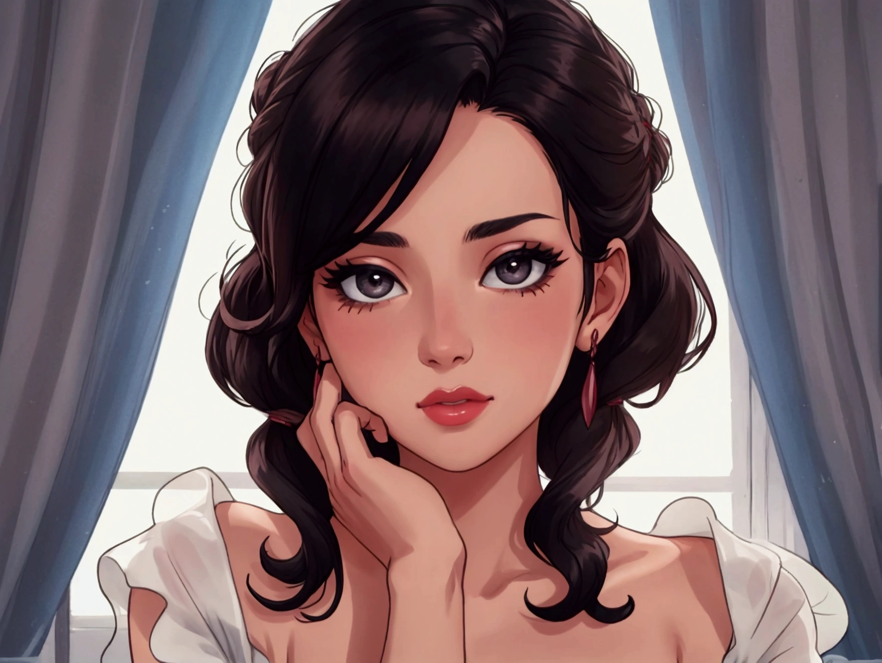 in color, one woman, 1950s wife, modest, black hair, Age: 20s, gorgeous, American, white, brown hair, natural body
