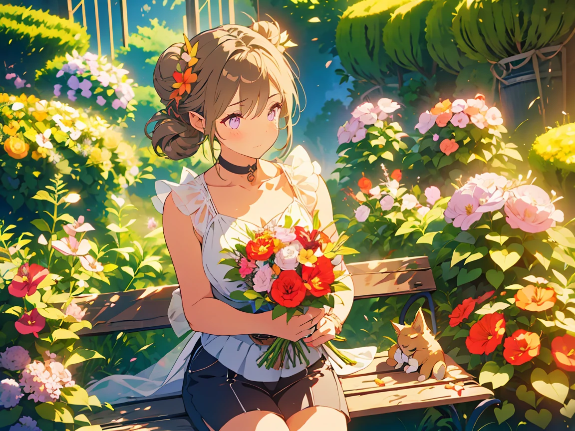 light brown hair, double bun, pointy ears, bright pupils, sparkle, masterpiece, textured skin, super detail, high details, best quality, high quality, highres, elf, beautiful lady, Choker, sleeveless T-shirt, shorts, surrounded by flowers, background (roses, hibiscus, lilies, Adiantum, violets), Casual clothes, bracelets, holding a bouquet in her hands, embracing a bouquet, at garden, Sit on a bench