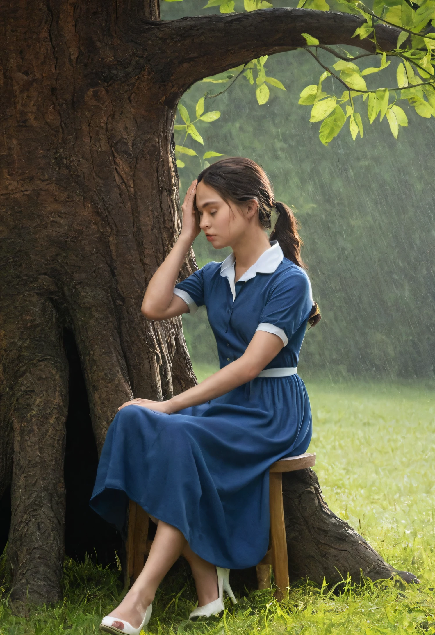 - A girl sits on a wooden chair next to a large, old tree with wide branches and lush leaves.
- The girl is wearing a long, dark blue dress.
- Her sad and anxious expression is visible from the side, with one hand holding a high heel and the other hand resting on her forehead.
- The sky appears somewhat dark with rain falling slowly, creating a melancholic and dramatic atmosphere.
- Faint sunlight breaks through the clouds, casting patterns of light and shadow around her.